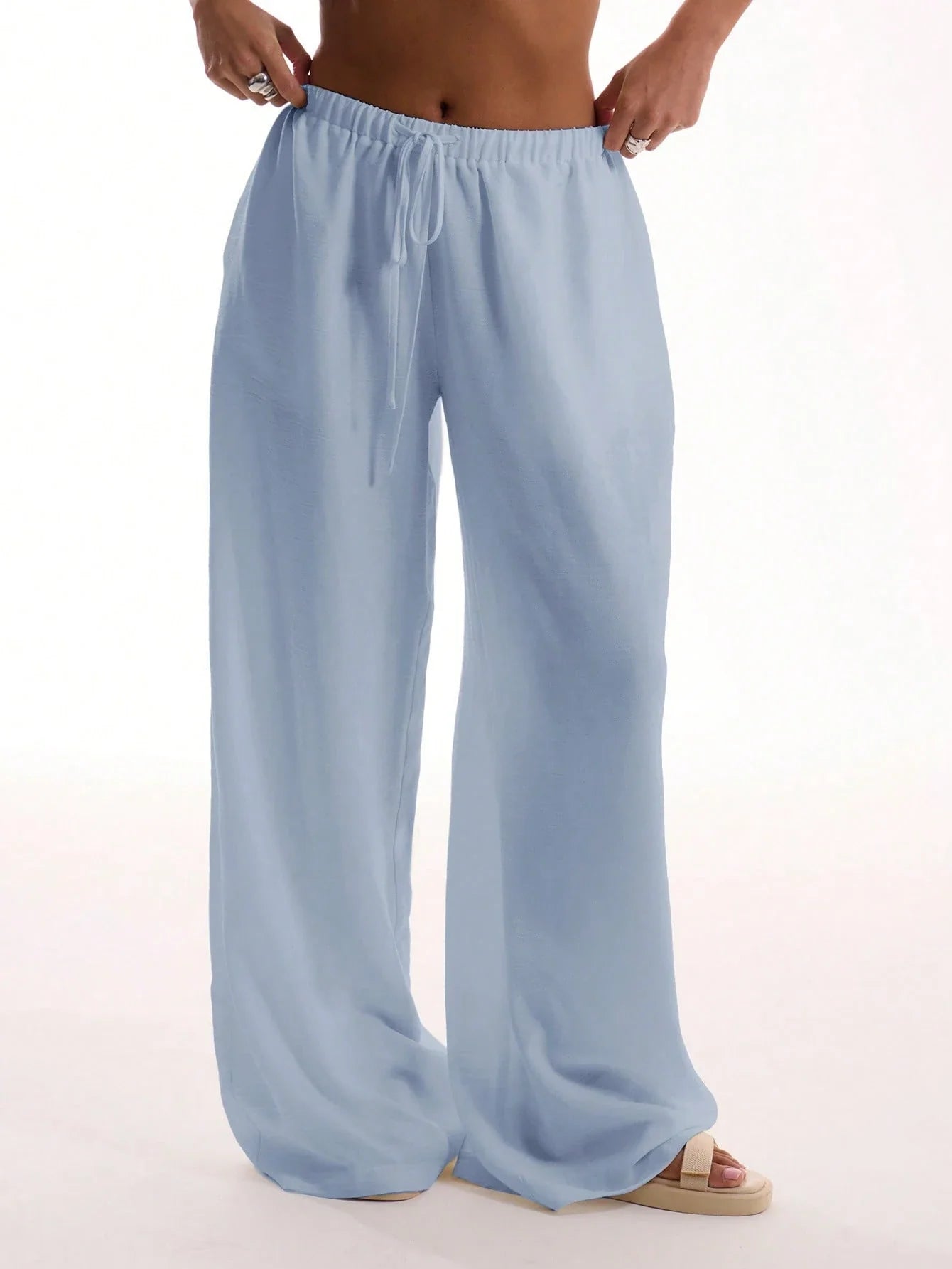 Textured Linen Feel Tie Waist Trouser shein