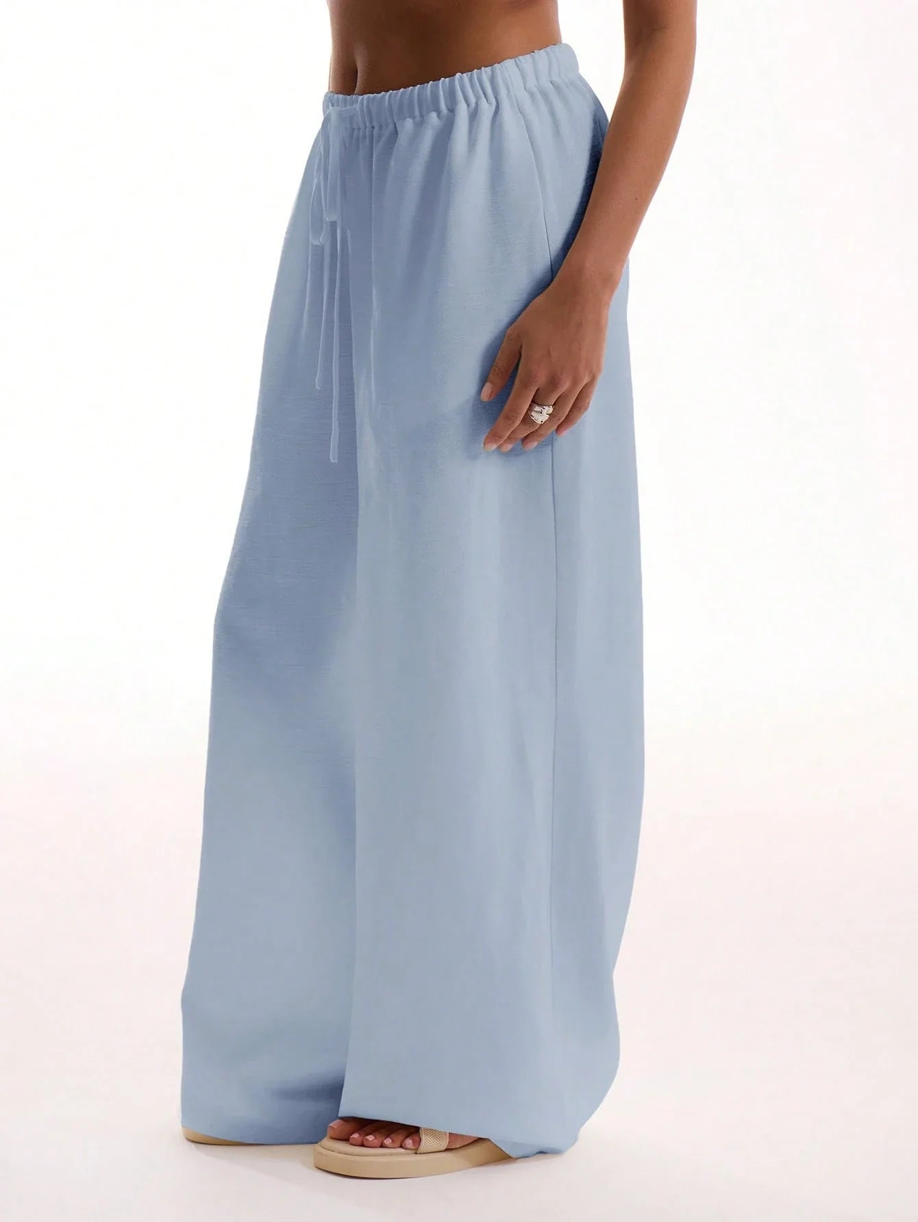 Textured Linen Feel Tie Waist Trouser shein