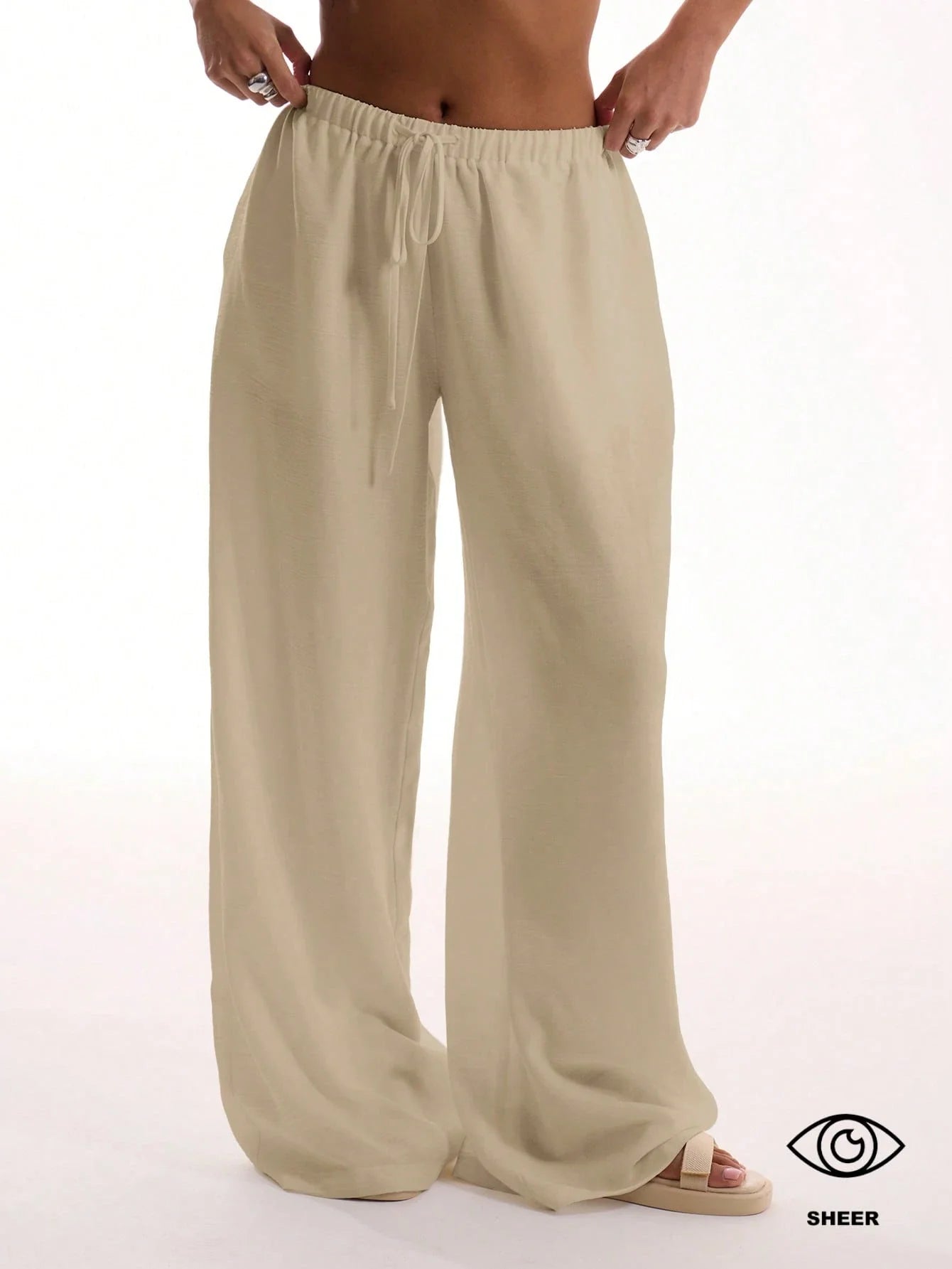 Textured Linen Feel Tie Waist Trouser shein