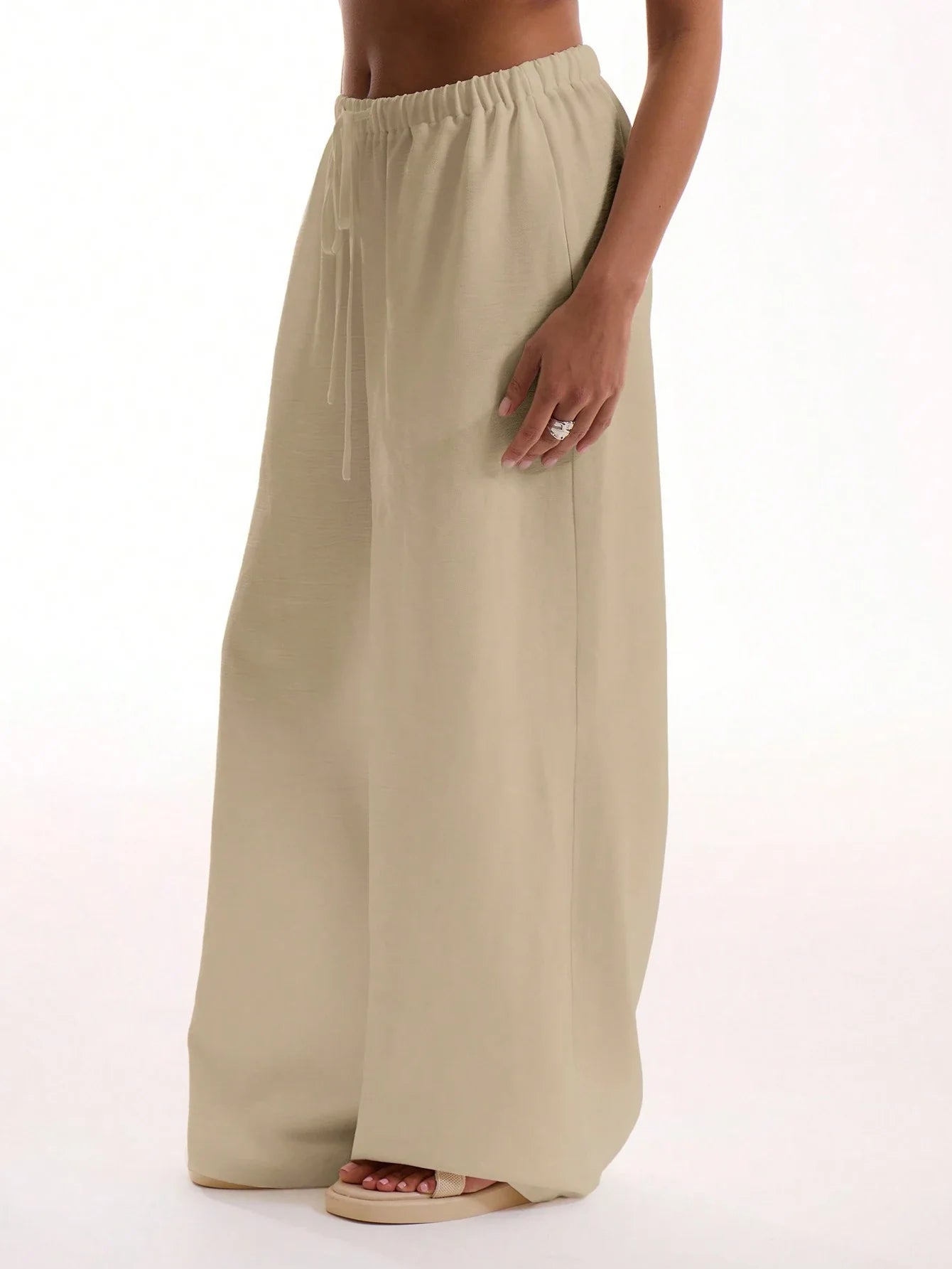 Textured Linen Feel Tie Waist Trouser shein