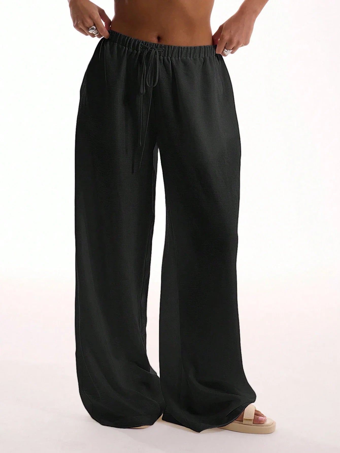 Textured Linen Feel Tie Waist Trouser shein
