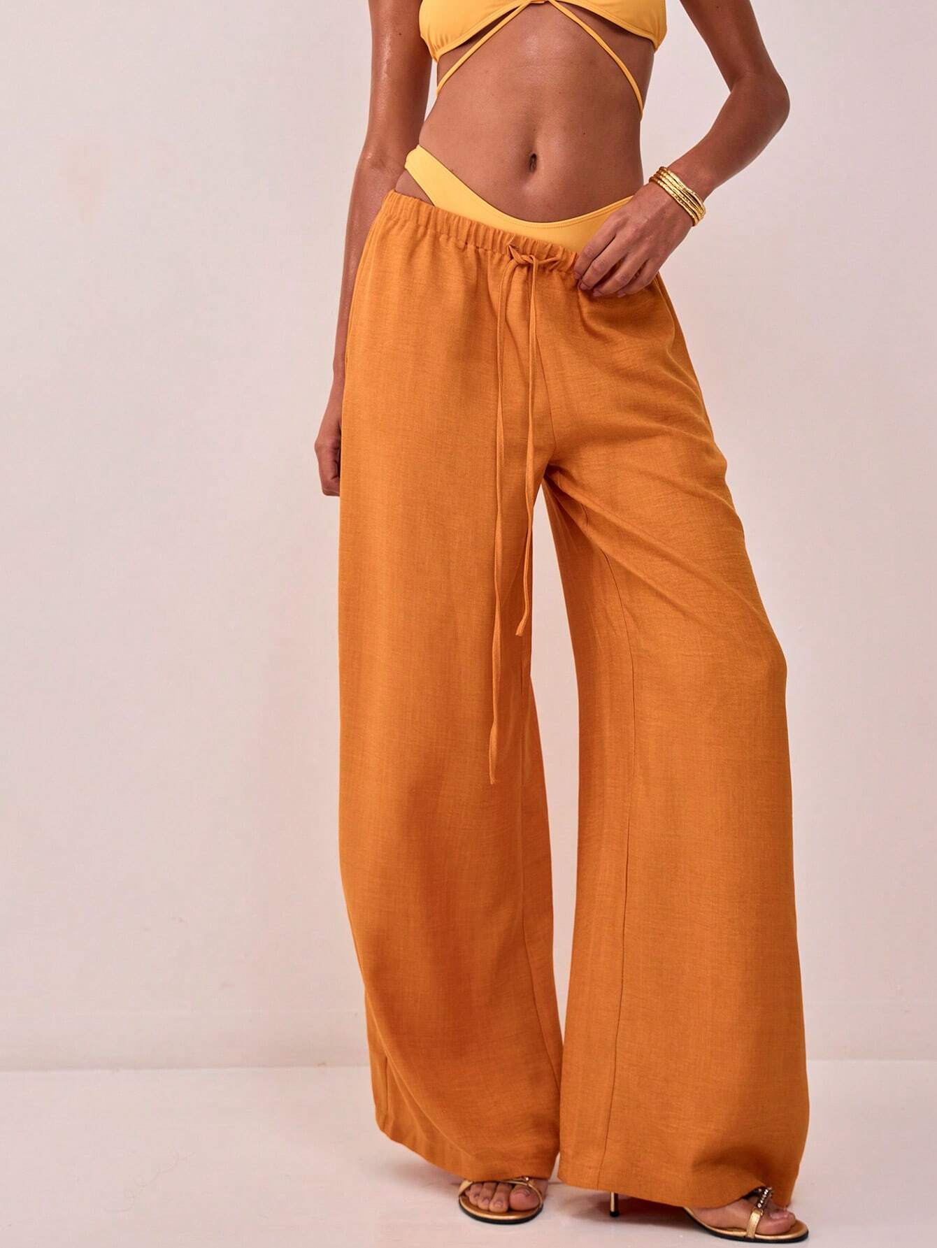 Textured Linen Feel Tie Waist Trouser shein