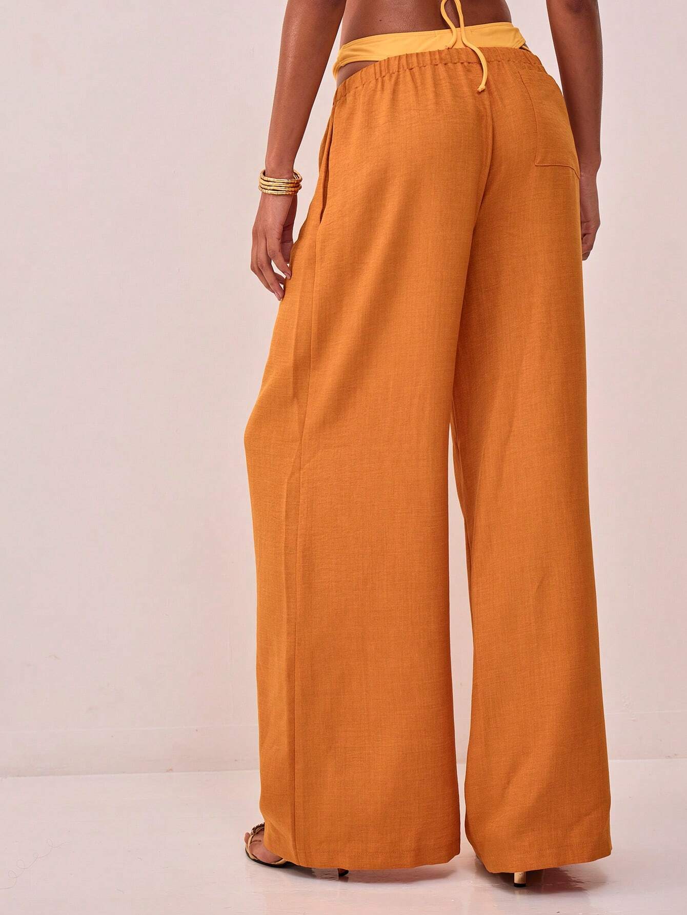 Textured Linen Feel Tie Waist Trouser shein