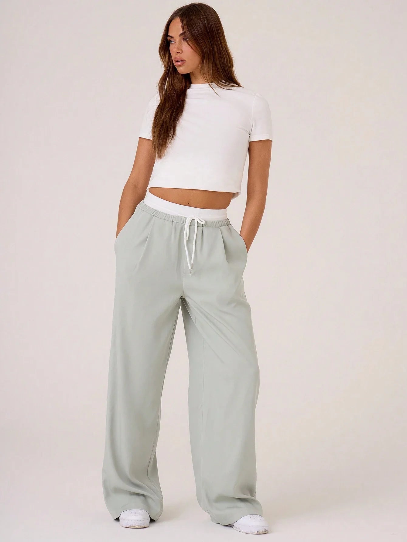 Woven Contrast Waistband Tailored Trousers shein