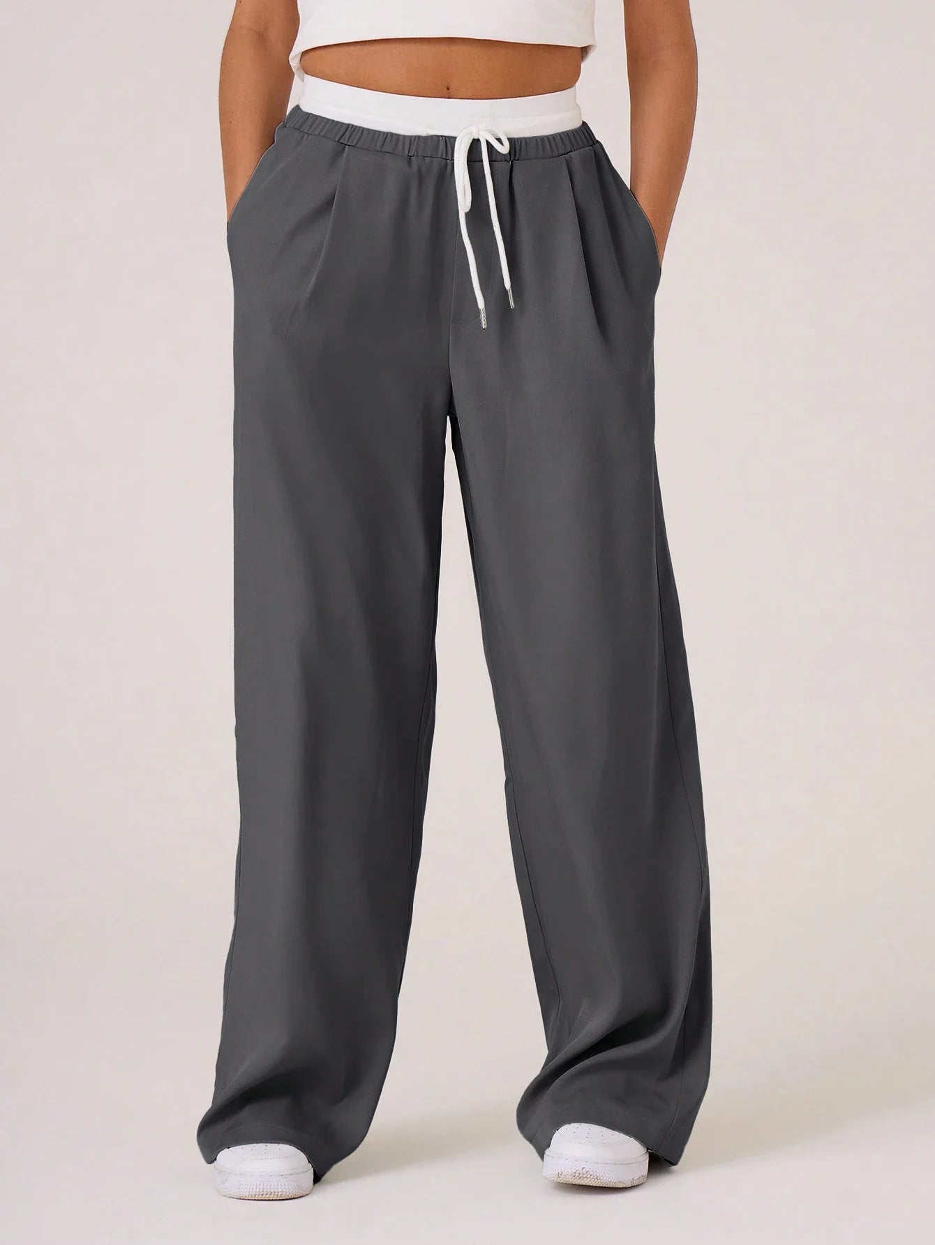 Woven Contrast Waistband Tailored Trousers shein