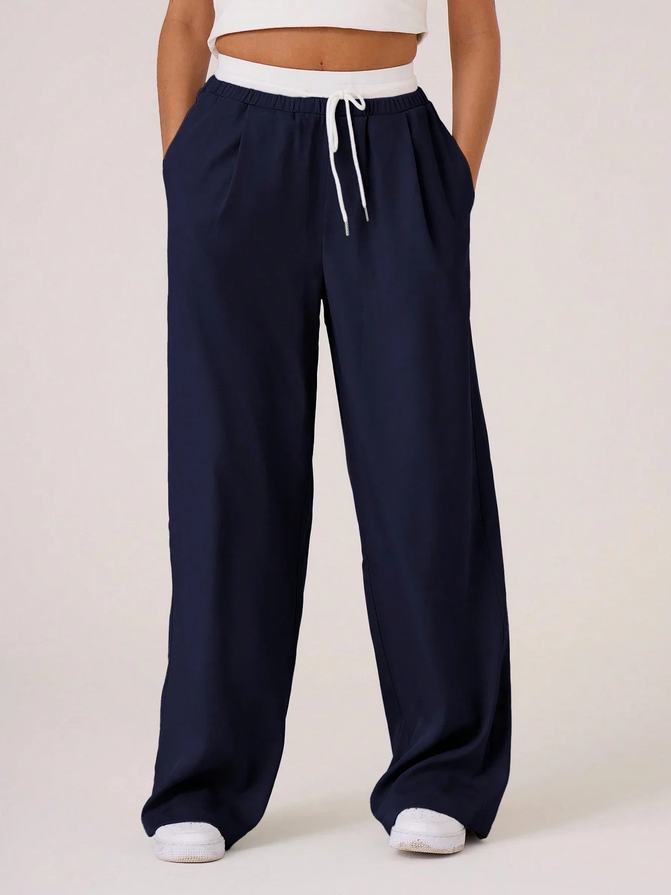 Woven Contrast Waistband Tailored Trousers shein