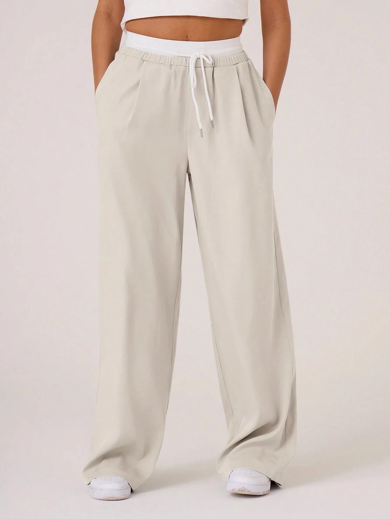 Woven Contrast Waistband Tailored Trousers shein