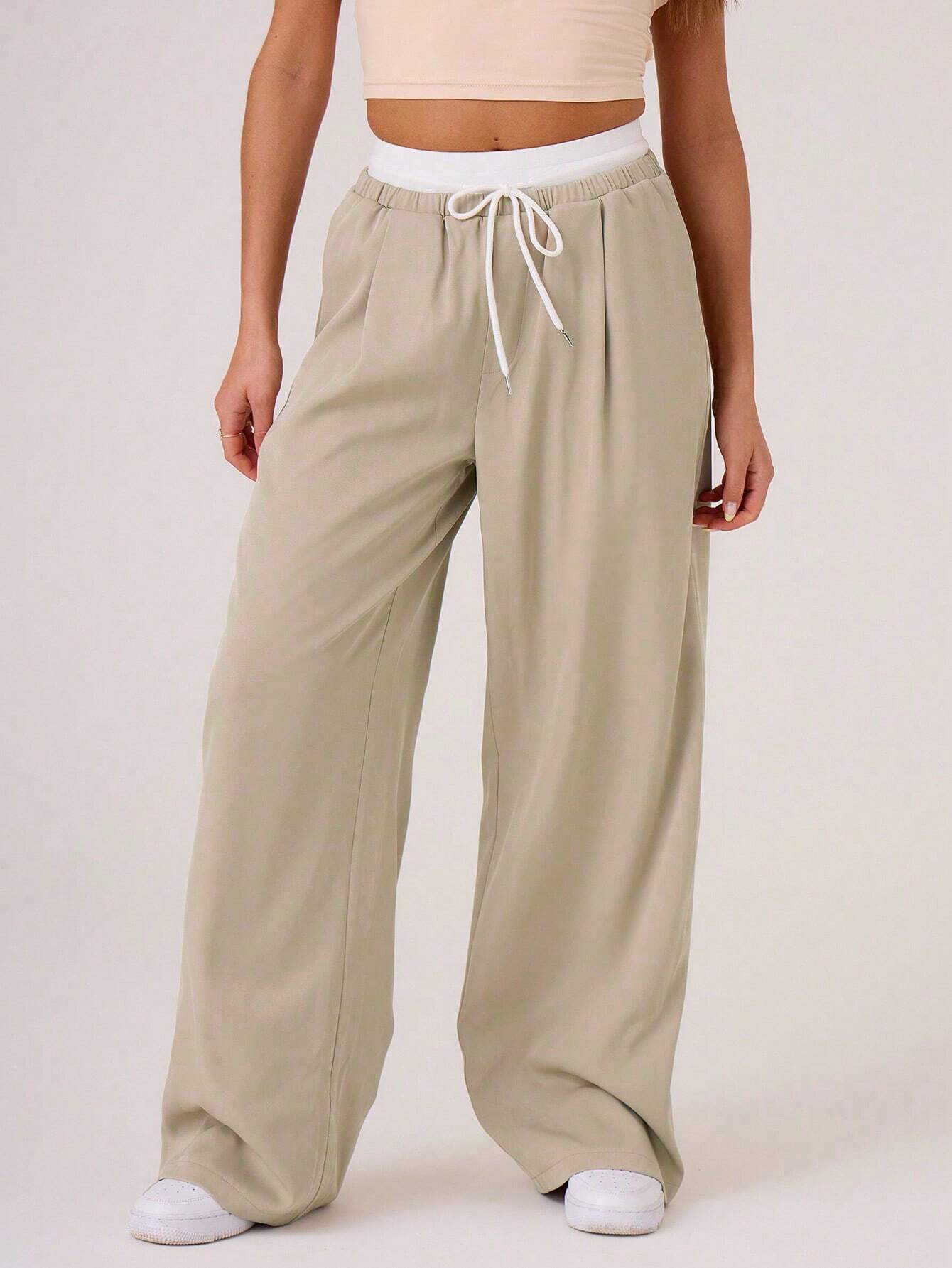Woven Contrast Waistband Tailored Trousers shein