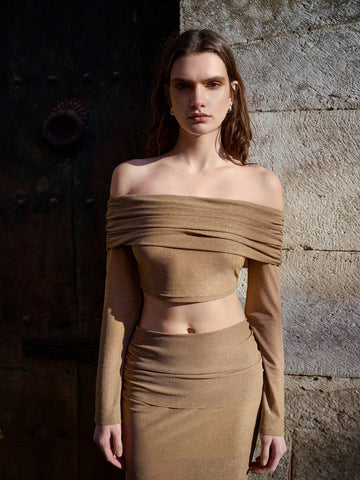Glitter Knitted One-Shoulder Top Waisted Sexy Skirt