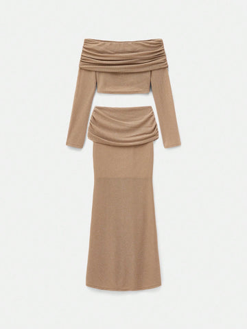 Glitter Knitted One-Shoulder Top Waisted Sexy Skirt