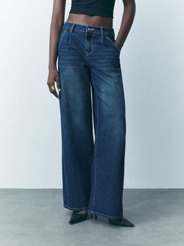 Women's Button Waist Strap Casual Straight Leg Jeans Streetwear Trousers