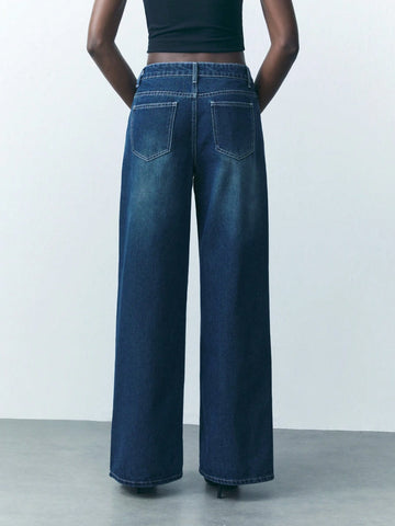 Women's Button Waist Strap Casual Straight Leg Jeans Streetwear Trousers