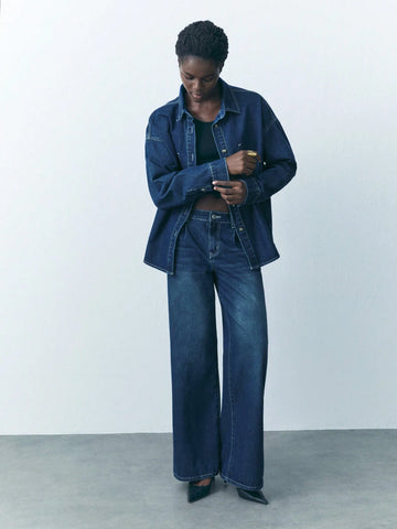 Women's Button Waist Strap Casual Straight Leg Jeans Streetwear Trousers