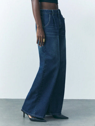 Women's Button Waist Strap Casual Straight Leg Jeans Streetwear Trousers