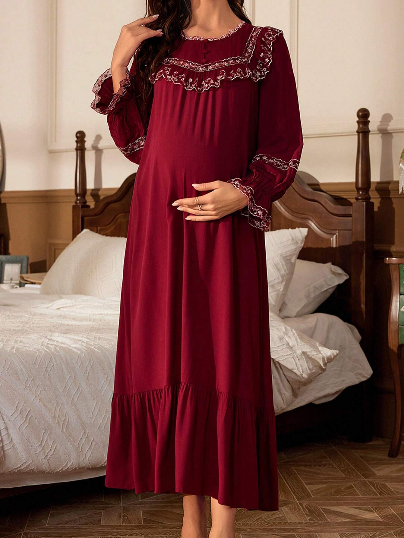 Maternity Floral Embroidery Lotus Leaf Edge Nightgown shein