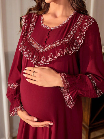 Maternity Floral Embroidery Lotus Leaf Edge Nightgown shein