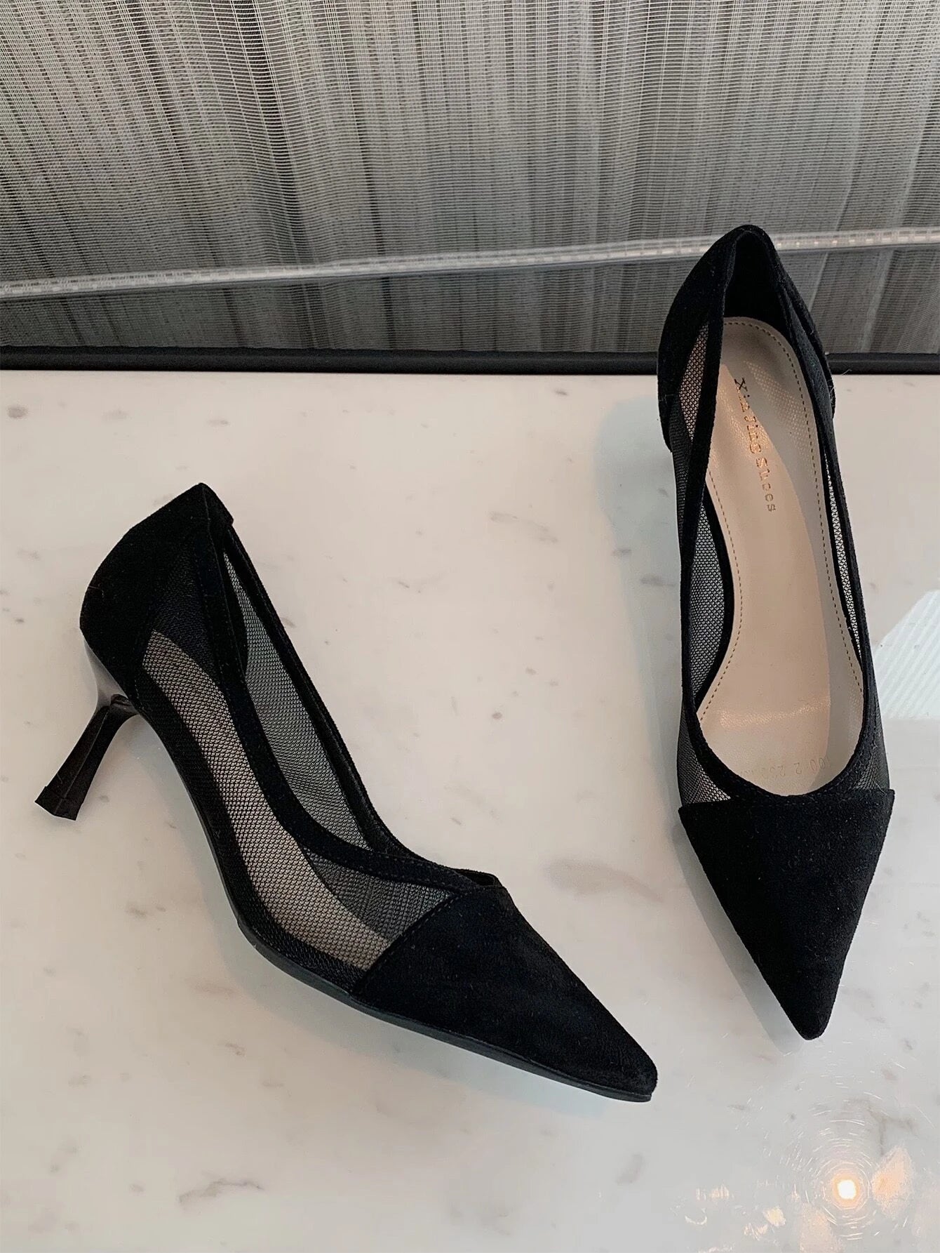 Mesh Insert Point Toe Stiletto Heeled Court Pumps shein