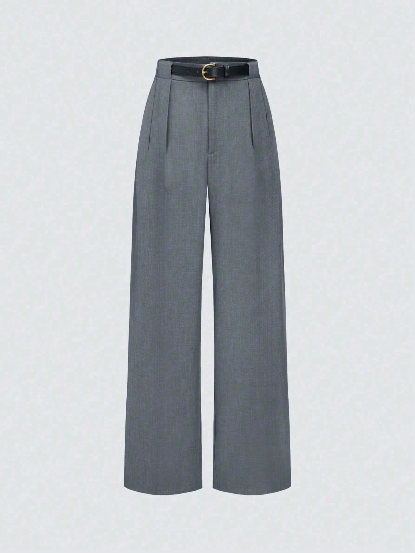 Mid-Waist Solid Color Elegant Straight Leg Pants With Belt
