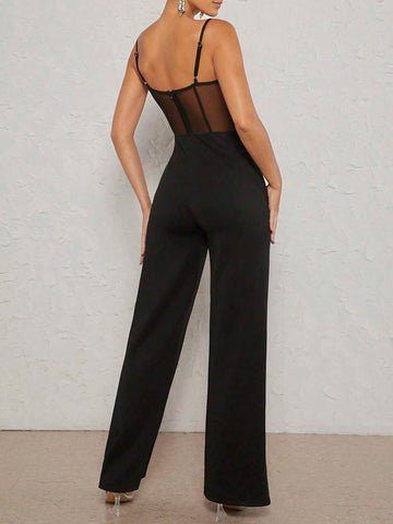 Mienne Contrast Mesh Rhinestone Detail Bustier Cami Jumpsuit shein