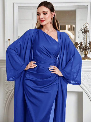 Modely Batwing Sleeve Coat & One Shoulder Ruched Dress shein