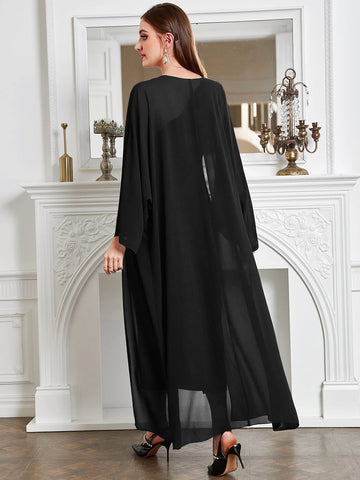 Modely Batwing Sleeve Coat & One Shoulder Ruched Dress shein