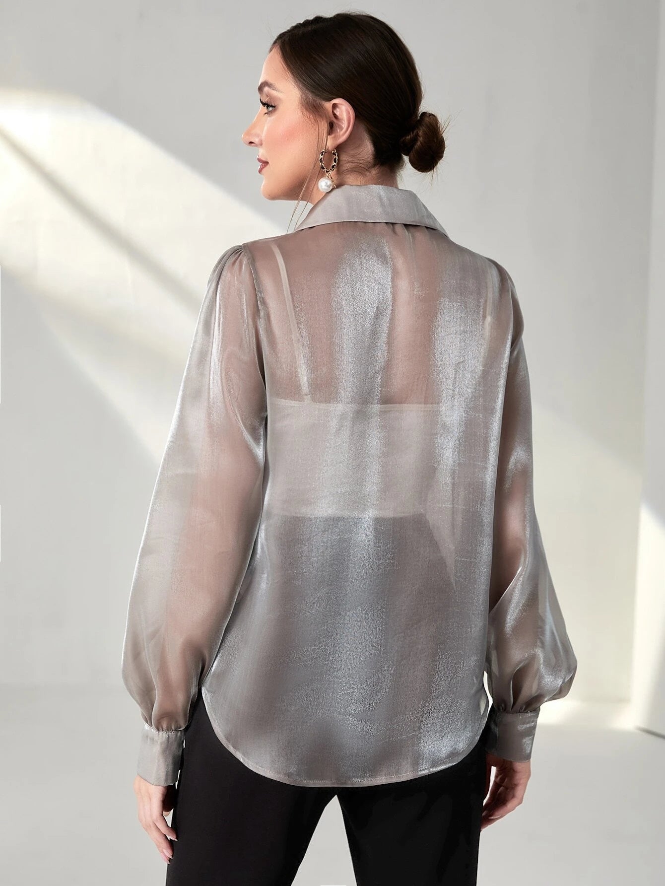 Modely Bishop Sleeve Sheer Metallic Shirt Without Camisole shein