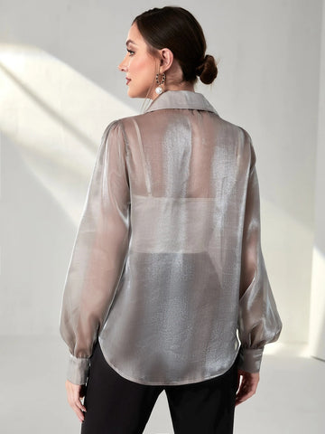 Modely Bishop Sleeve Sheer Metallic Shirt Without Camisole shein