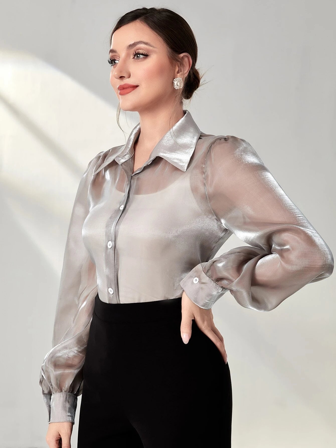 Modely Bishop Sleeve Sheer Metallic Shirt Without Camisole shein