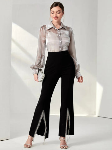 Modely Bishop Sleeve Sheer Metallic Shirt Without Camisole shein