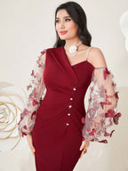 Modely Butterfly Embroidery Sheer Mesh Patchwork Slit Dress shein
