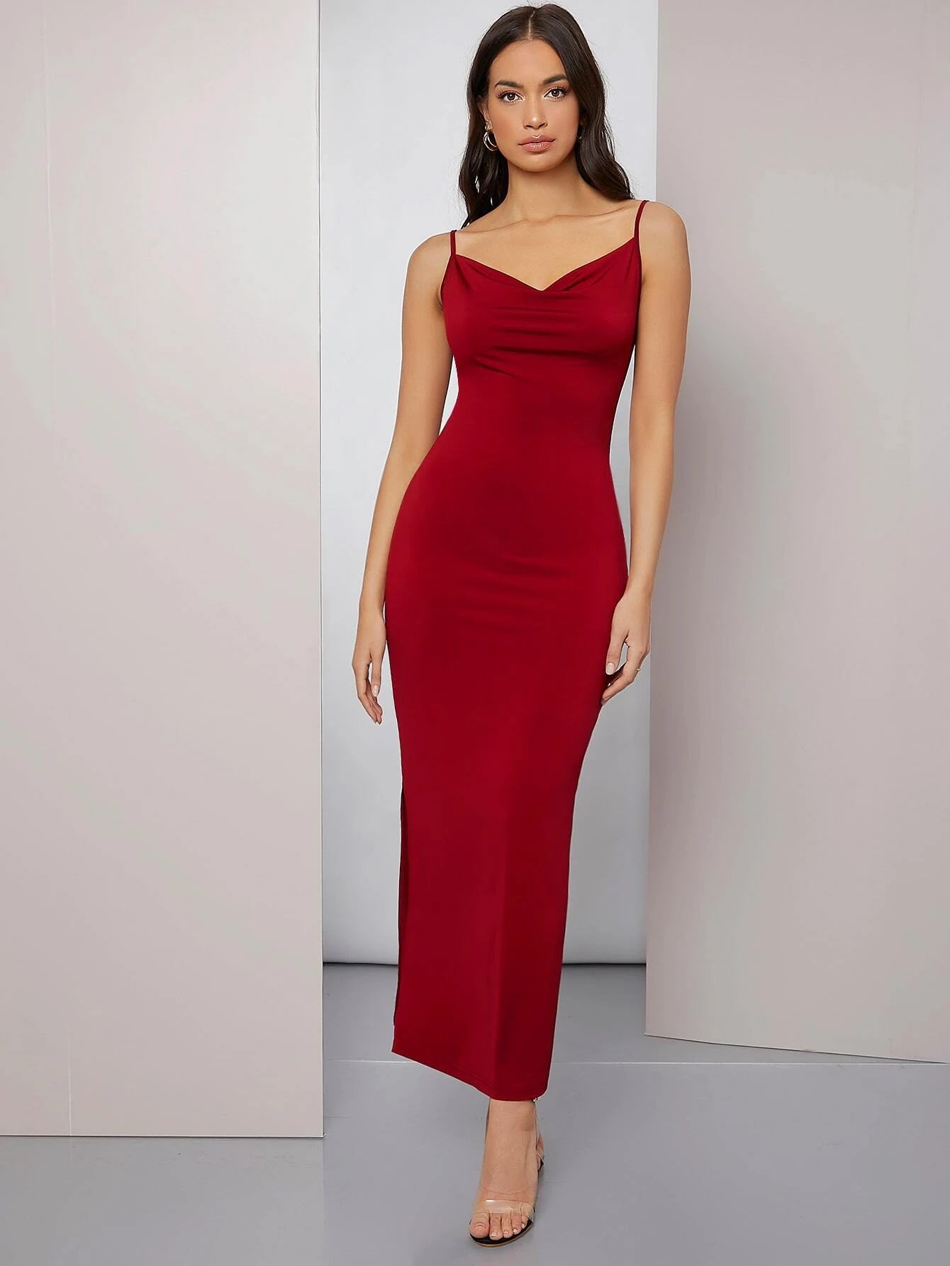 Modely Cowl Neck Solid Cami Prom Dress shein