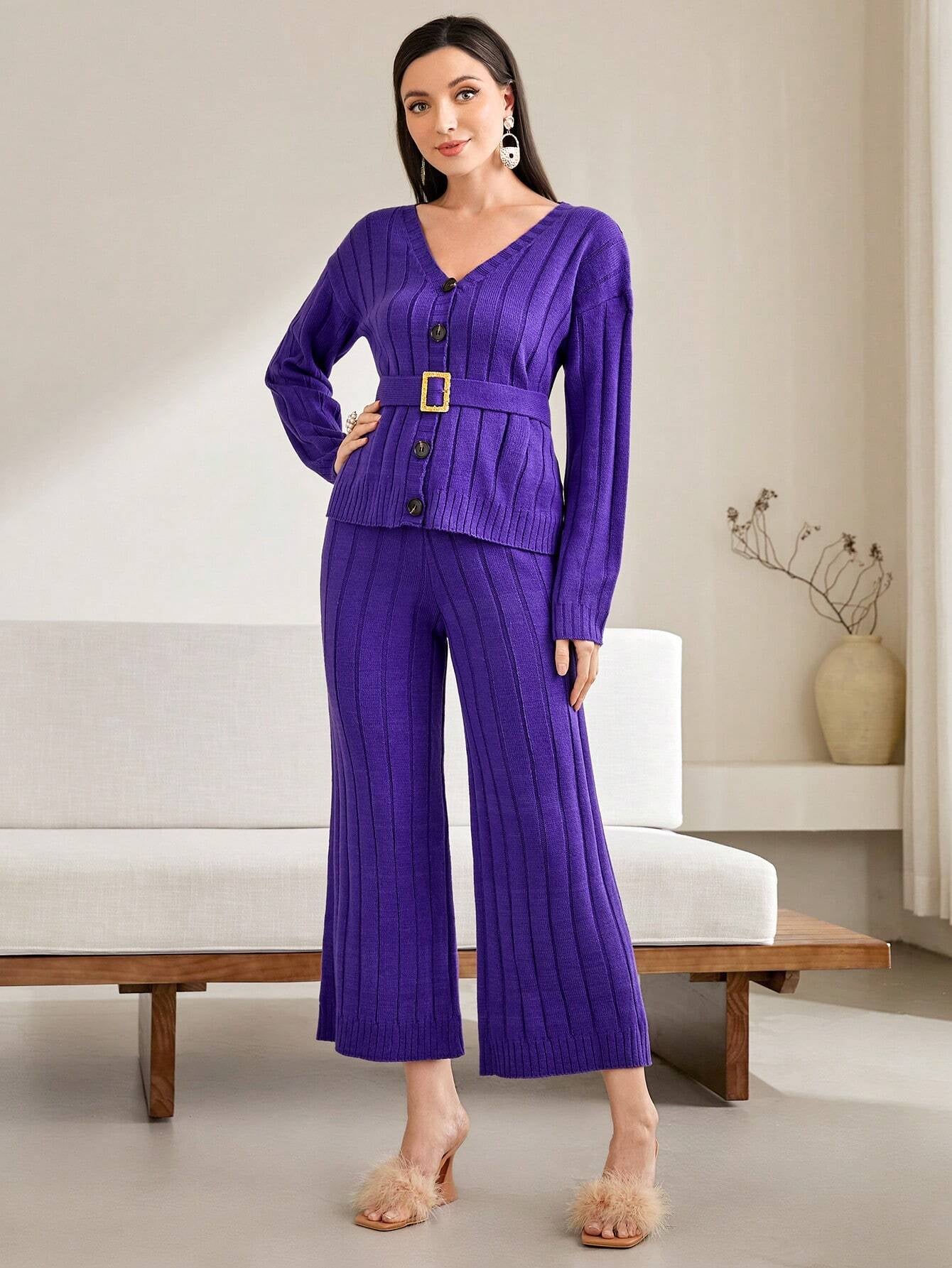 Modely Drop Shoulder Belted Cardigan & Knit Pants shein