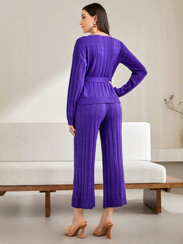 Modely Drop Shoulder Belted Cardigan & Knit Pants shein