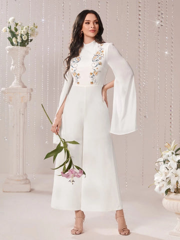 Modely Floral Embroidery Split Sleeve Wide Leg Jumpsuit shein