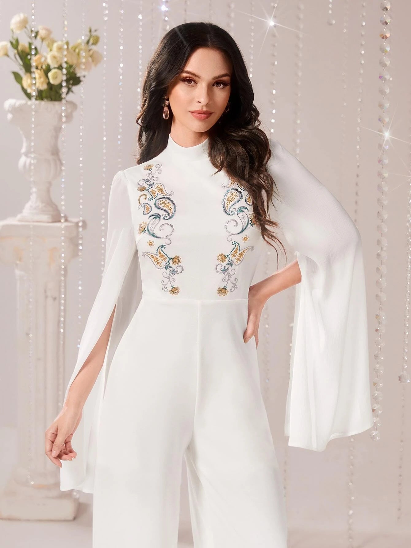 Modely Floral Embroidery Split Sleeve Wide Leg Jumpsuit shein