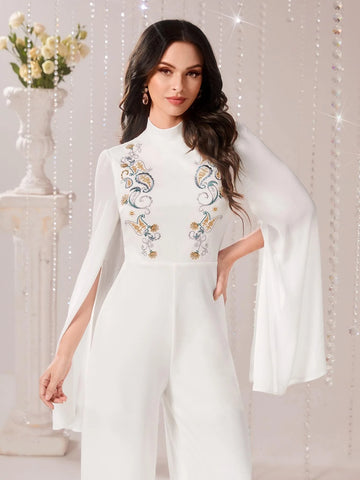 Modely Floral Embroidery Split Sleeve Wide Leg Jumpsuit shein