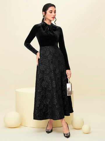 Modely Floral Jacquard Tie Neck Velvet Dress shein