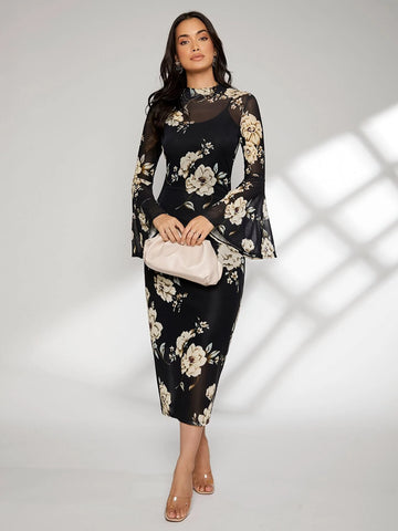 Modely Floral Print Bell Sleeve Split Back Dress shein