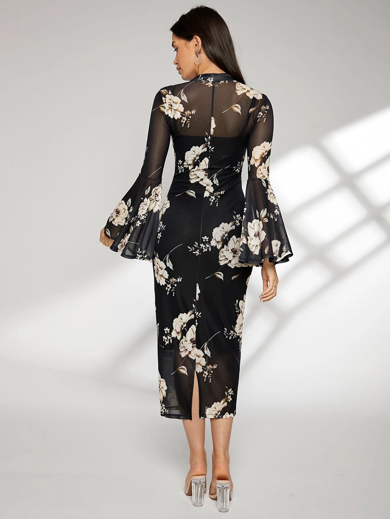 Modely Floral Print Bell Sleeve Split Back Dress shein