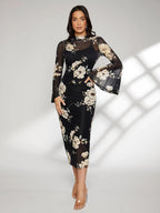 Modely Floral Print Bell Sleeve Split Back Dress shein