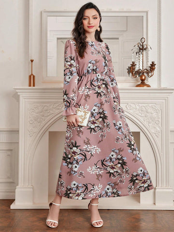 Modely Floral Print Flare Sleeve Dress shein