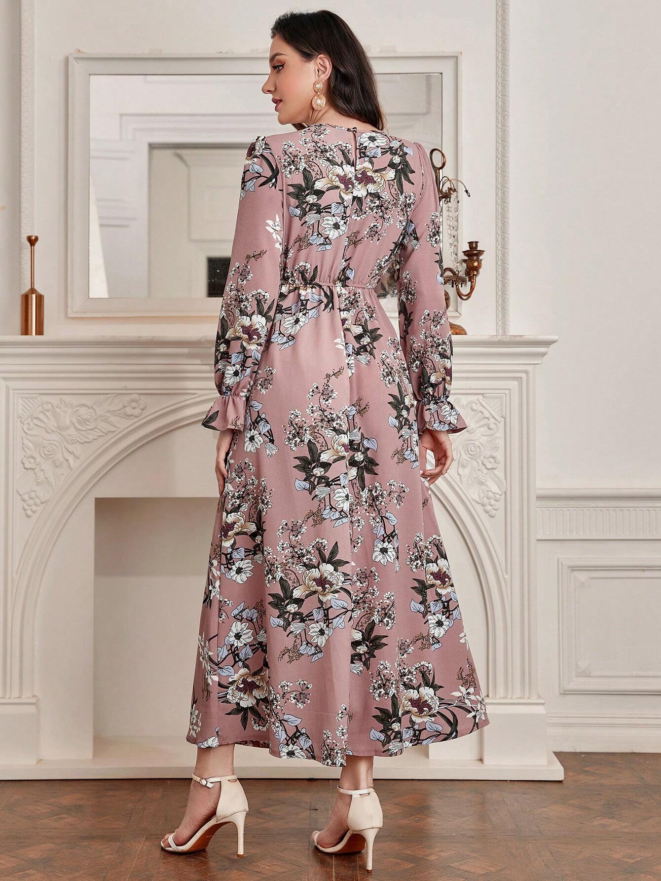 Modely Floral Print Flare Sleeve Dress shein