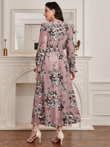 Modely Floral Print Flare Sleeve Dress shein