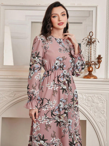 Modely Floral Print Flare Sleeve Dress shein