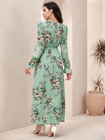 Modely Floral Print Flare Sleeve Dress shein