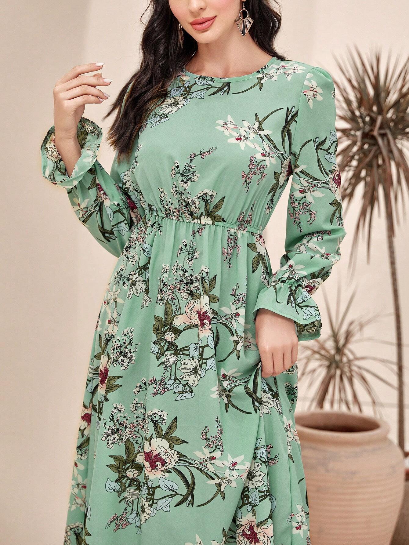 Modely Floral Print Flare Sleeve Dress shein