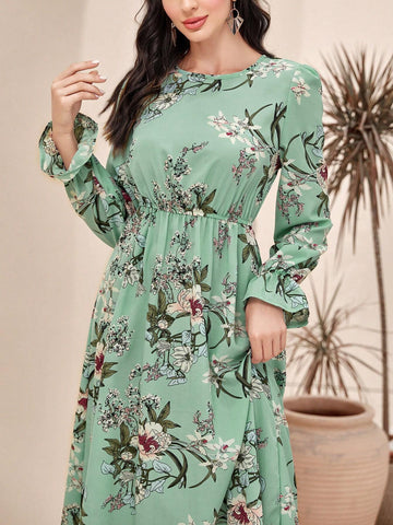 Modely Floral Print Flare Sleeve Dress shein