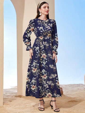 Modely Floral Print Flare Sleeve Dress shein