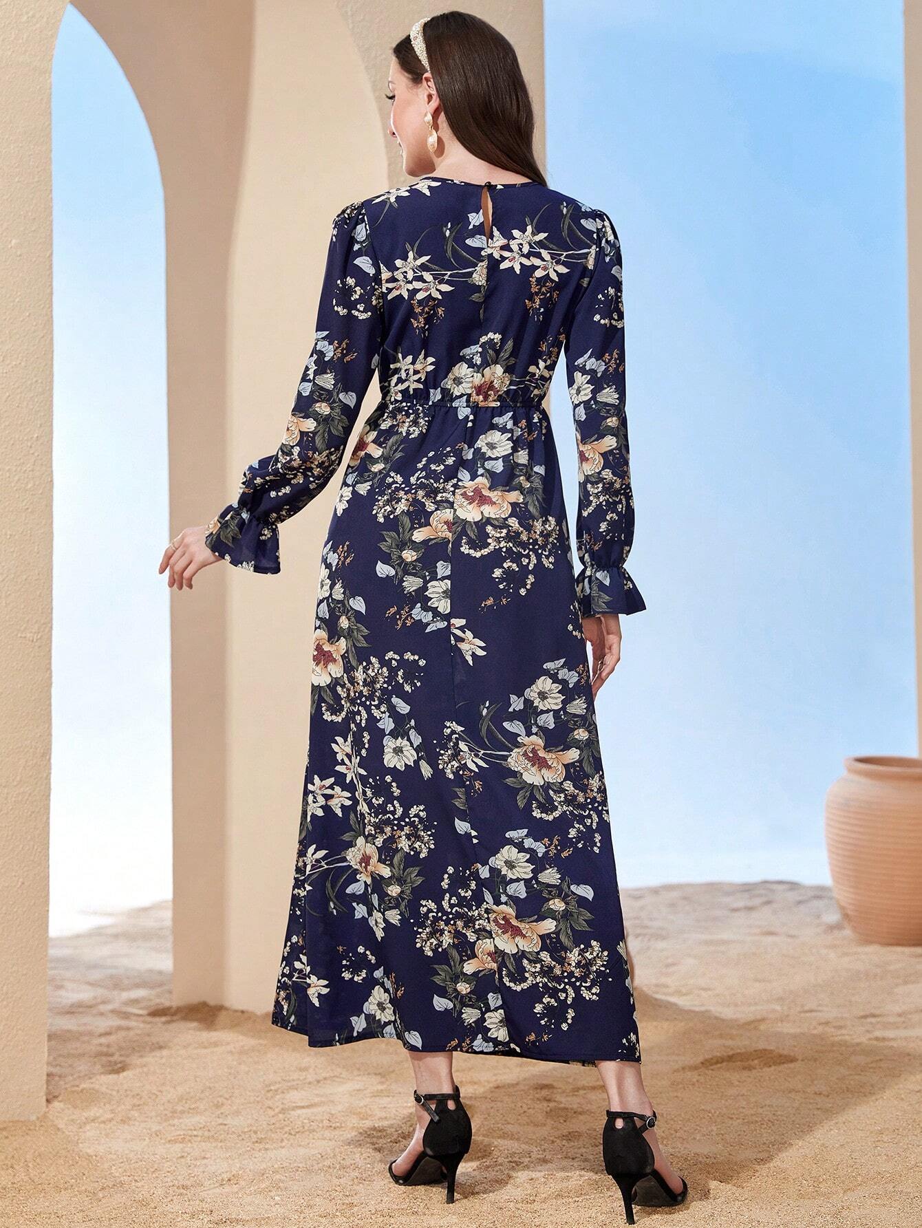 Modely Floral Print Flare Sleeve Dress shein