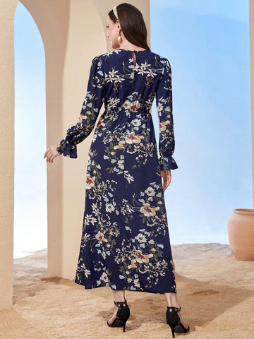 Modely Floral Print Flare Sleeve Dress shein